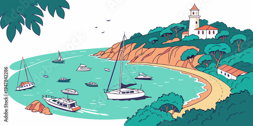 A scenic coastal town with a lighthouse and boats Vector