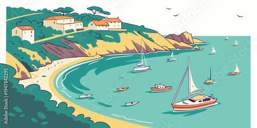 A sailboat on a beach with buildings on a hillside Vector