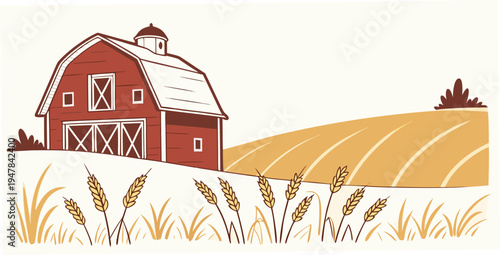 A red barn on a farm with a field of wheat Vector