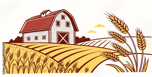 A white barn with a red roof sits next to a wheat field Vector