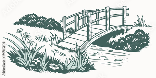 A small wooden bridge over a stream in a garden Vector