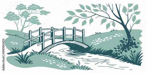 A small bridge over a stream in a park Vector