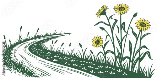 A green road with yellow flowers growing on the side Vector