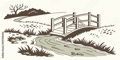 A small wooden bridge over a stream in a rural landscape Vector