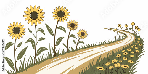 A winding road lined with sunflowers on a sunny day Vector
