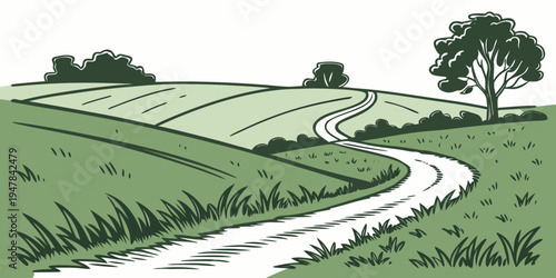 A winding road through a green countryside landscape Vector