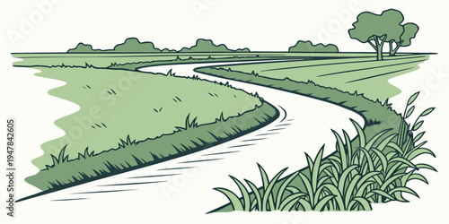 A winding river with grassy banks and trees Vector