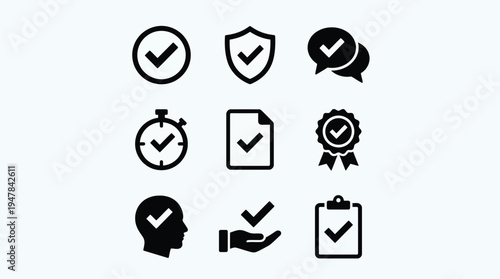 Vector graphic illustration of various checkmark icons for business and design use including shield, clock, document, and head silhouette on a clean background for modern projects
