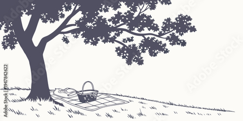 An old wicker basket sits under a tree Vector