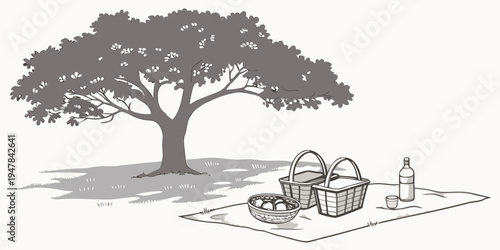 A picnic setup under a tree with a basket and bottle Vector