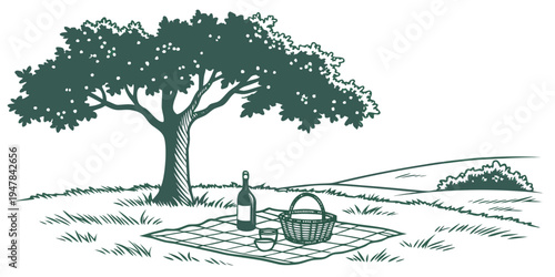 A tree on a hill with a fence and rocks Vector