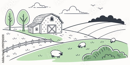 A barn with sheep grazing in the green field Vector