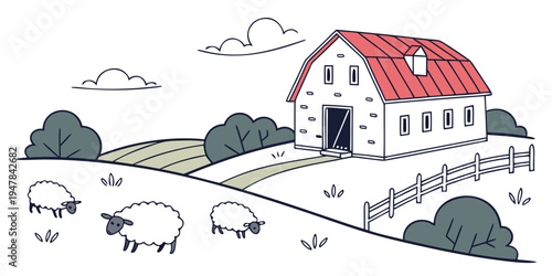 A white house with a red roof and sheep grazing in the field Vector