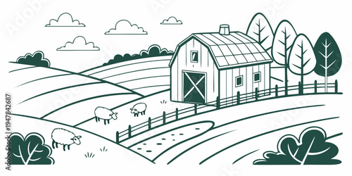 A green line drawing of a barn on a farm Vector