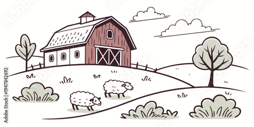 A red barn with animals grazing in the snowy field Vector