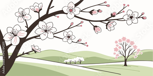 A tree with pink and white flowers on a green hill Vector