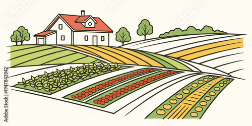 A farm with a house and various colored fields Vector