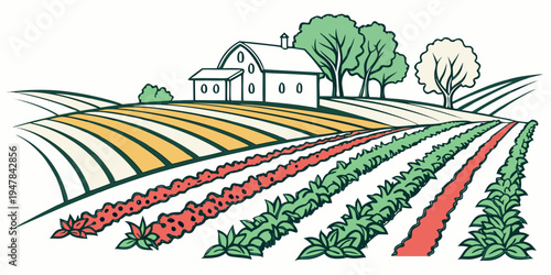 A farm with rows of crops and a house Vector