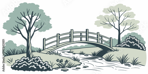 A small wooden bridge over a stream in a park Vector