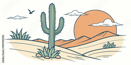 A cactus plant in a desert landscape at sunset Vector