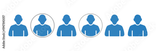Group of blue human silhouettes standing in row with two highlighted circled icons representing team selection