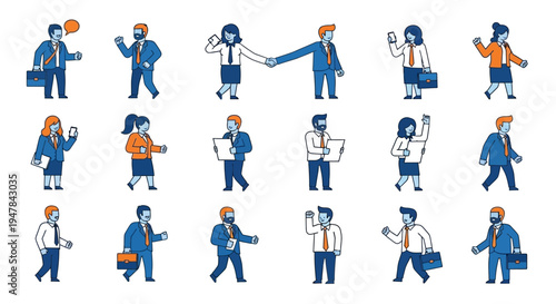 Minimalist flat vector illustration set of business people characters arranged in a grid layout.
