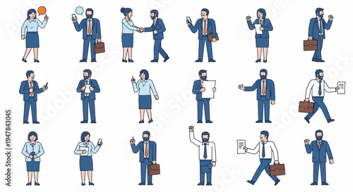 Minimalist flat vector illustration set of business people characters arranged in a grid layout.