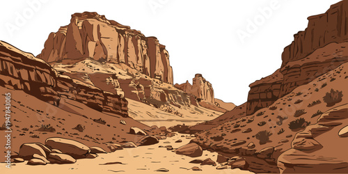 A desert canyon with rocky cliffs and sandy ground Vector