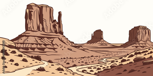 A desert landscape with a large rock formation Vector