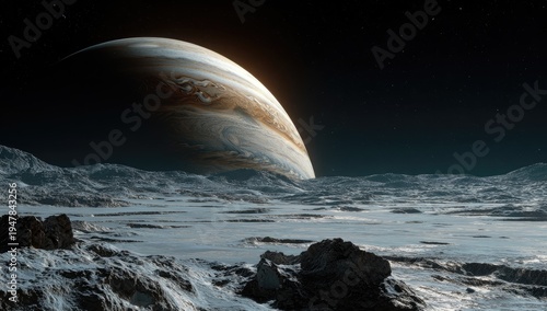 Wallpaper Mural Alien Landscape with Jupiter Rising Over Icy Moon Surface. Torontodigital.ca