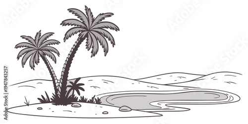 A black and white drawing of two palm trees on a small island Vector