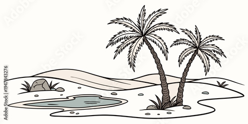A black and white illustration of two palm trees on a beach Vector