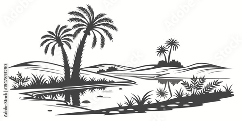 A black and white drawing of a tropical island with palm trees Vector