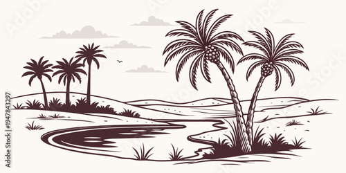 A serene beach scene with several palm trees Vector