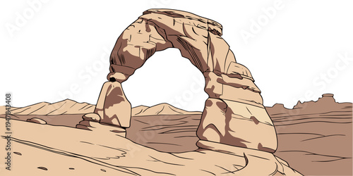 A large rock arch in the desert landscape Vector