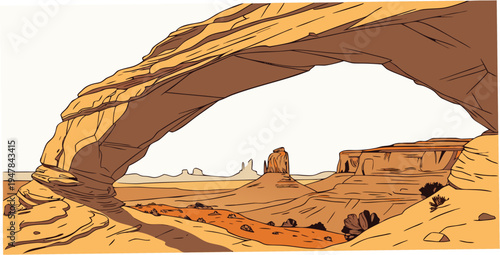 A large rock arch in a desert landscape Vector