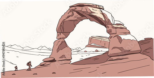 A large red rock arch on a deserted landscape Vector