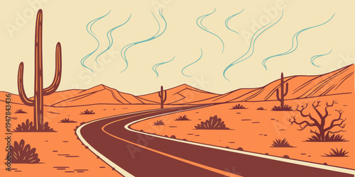 A desert road with cacti and bushes Vector