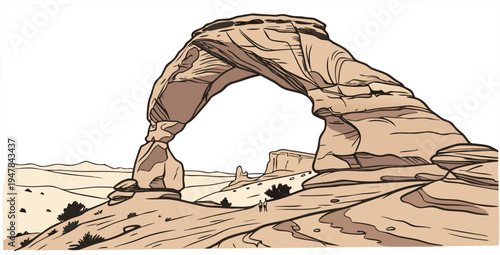 A large rock arch in the desert landscape Vector