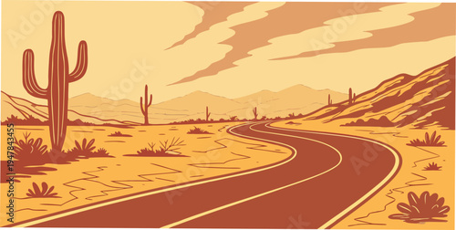 A desert road with a cactus and mountains Vector