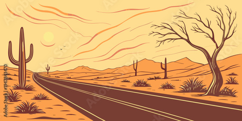 A desert road with a cactus and a tree Vector
