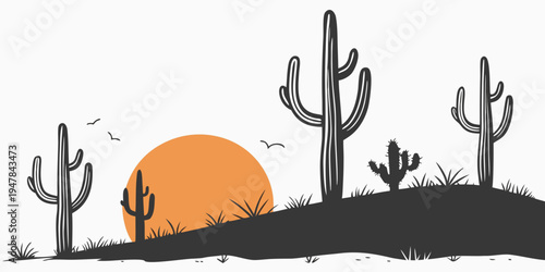 A desert landscape with cacti at sunset Vector