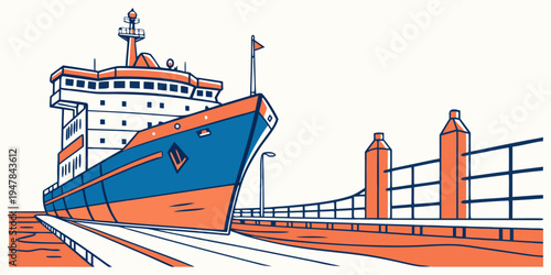 A large blue and orange ship docked at a pier Vector