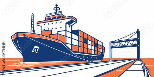 A large cargo ship sailing under a bridge Vector
