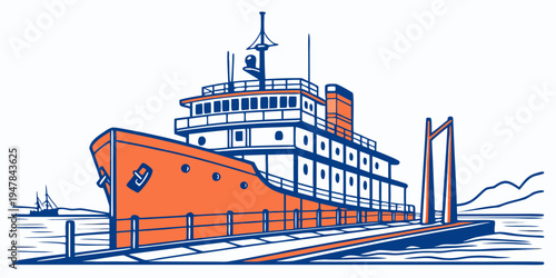 A large orange and blue ship on the water Vector