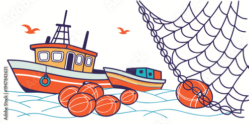 An orange fishing boat with fishing nets and buoys Vector