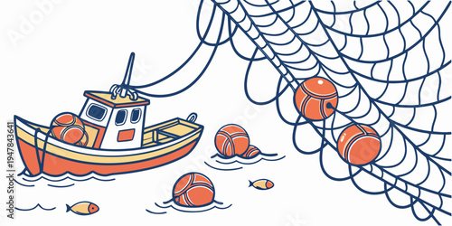 A small fishing boat with orange buoys and a fishing net Vector