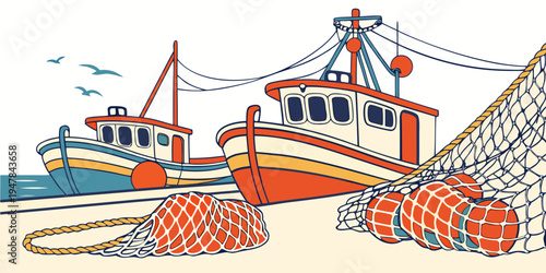 Two boats are sitting on the beach with fishing nets Vector