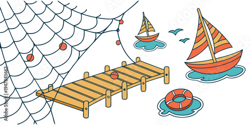 A wooden dock with a sailboat and a life preserver Vector