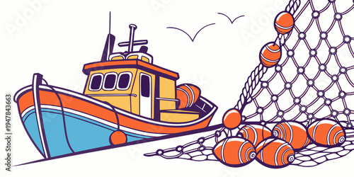 A small fishing boat with a net and buoys Vector